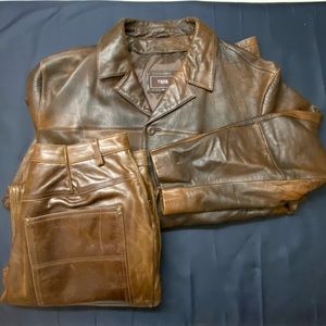 Vintage Two Piece Brown Leather Suit (Jacket: 6XL and Pants: 46)